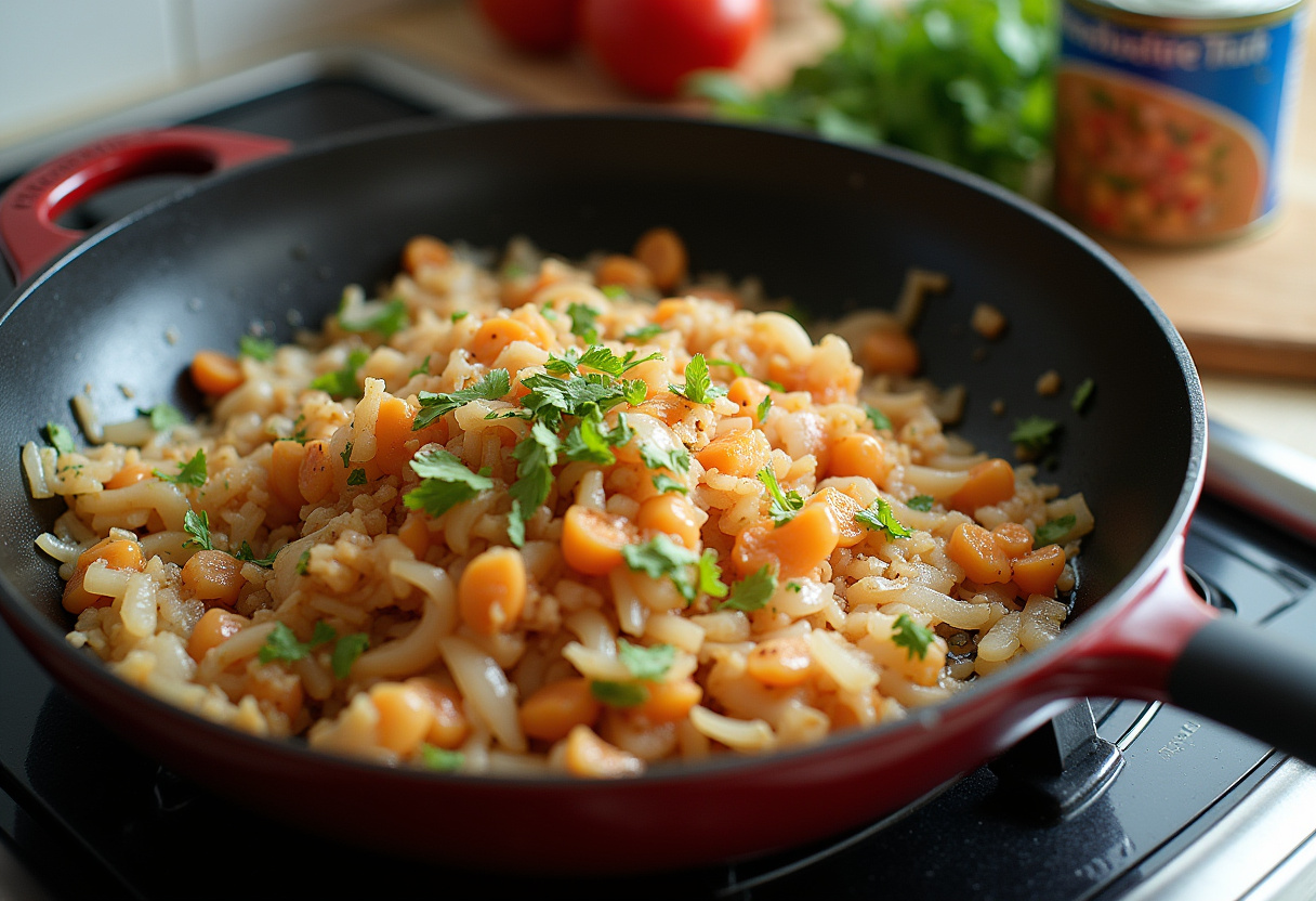 Cebolla y ajo salteados en la sartén para la receta de brócoli y atún.