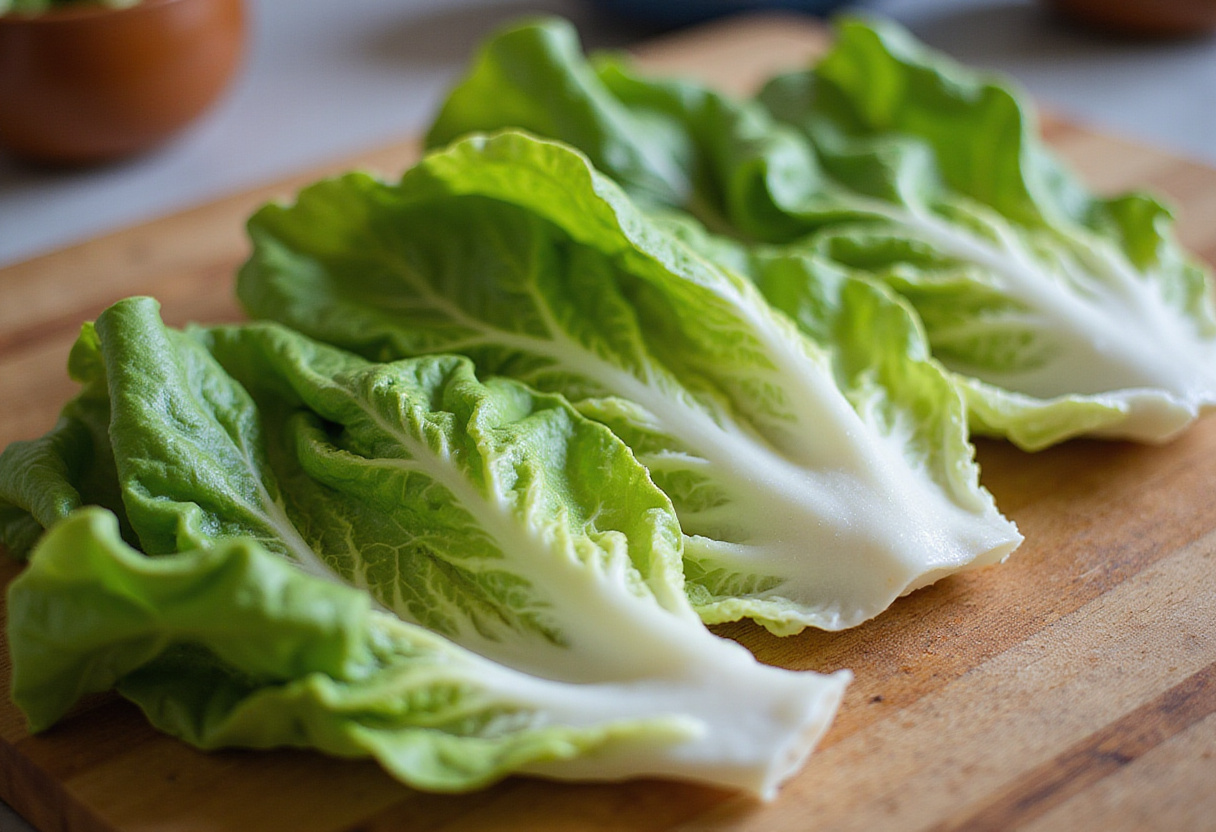 Rollitos de lechuga preparados con hojas frescas para el relleno de pavo y verduras.