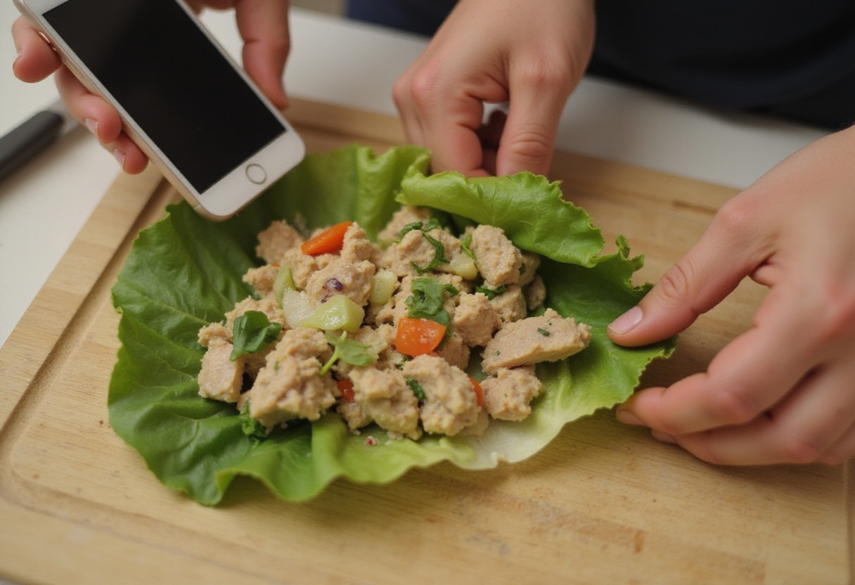 Preparación de rollitos de lechuga con pavo y verduras, formando los rollos saludables.