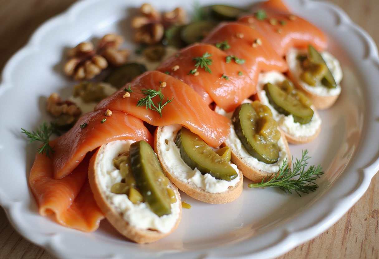 Sliced rollo de salmón, a healthy aperitivo de salmón with colorful ingredients.