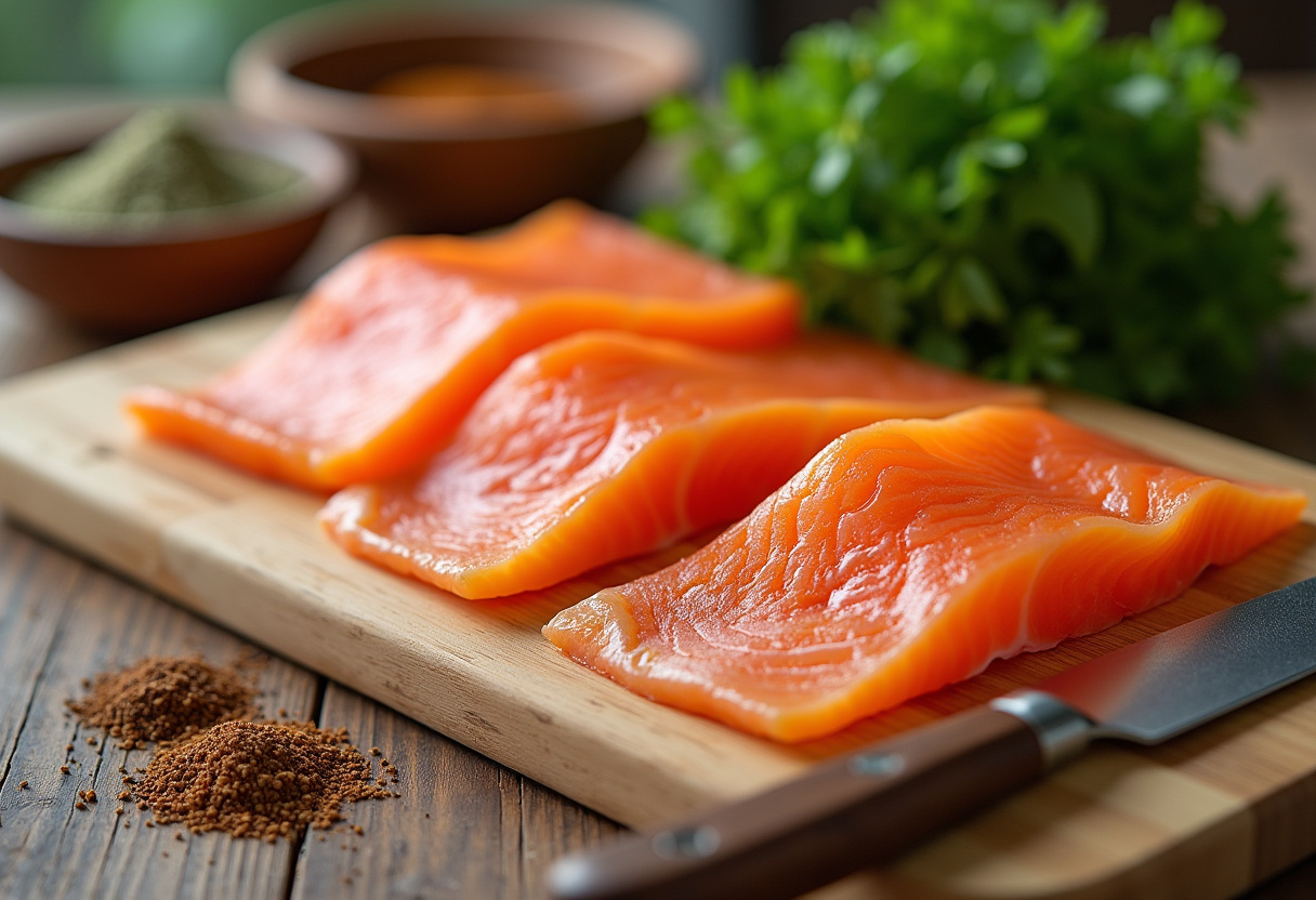 Sliced smoked salmón on a cutting board for making rollo de salmón.