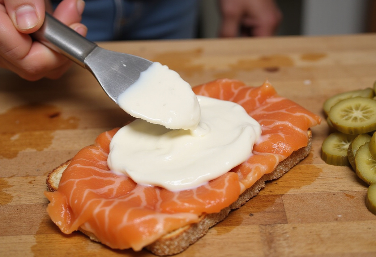 Cream cheese being spread on smoked salmón for aperitivo de salmón preparation.