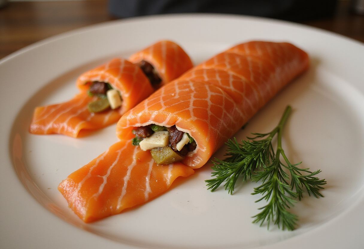 Rollo de pescado prepared and garnished with fresh herbs, ready to serve.