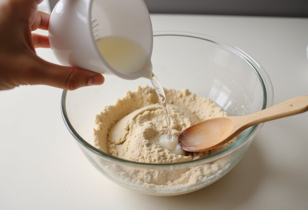 Agua tibia siendo añadida a la mezcla de ingredientes secos para hacer roscas sin manteca.