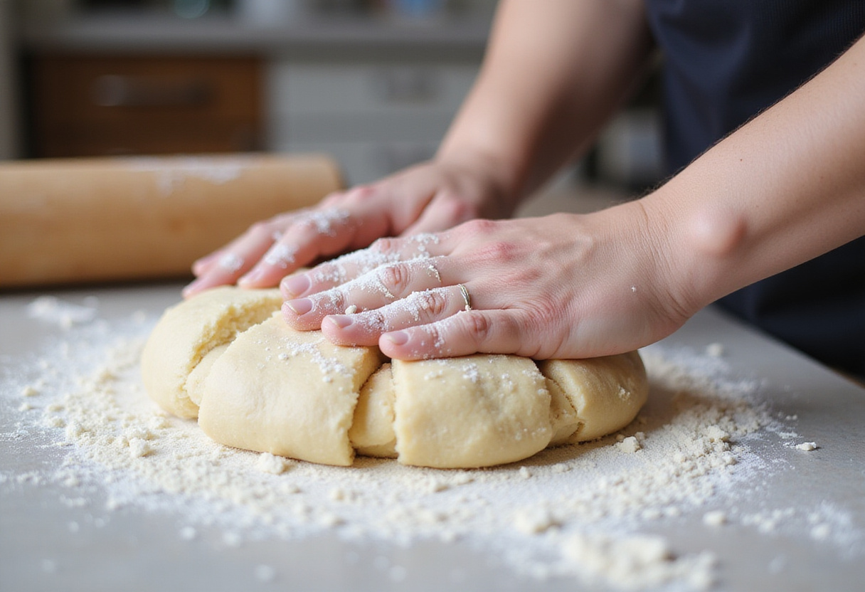 Amasando la masa de roscas de pascua sin manteca en una superficie enharinada.