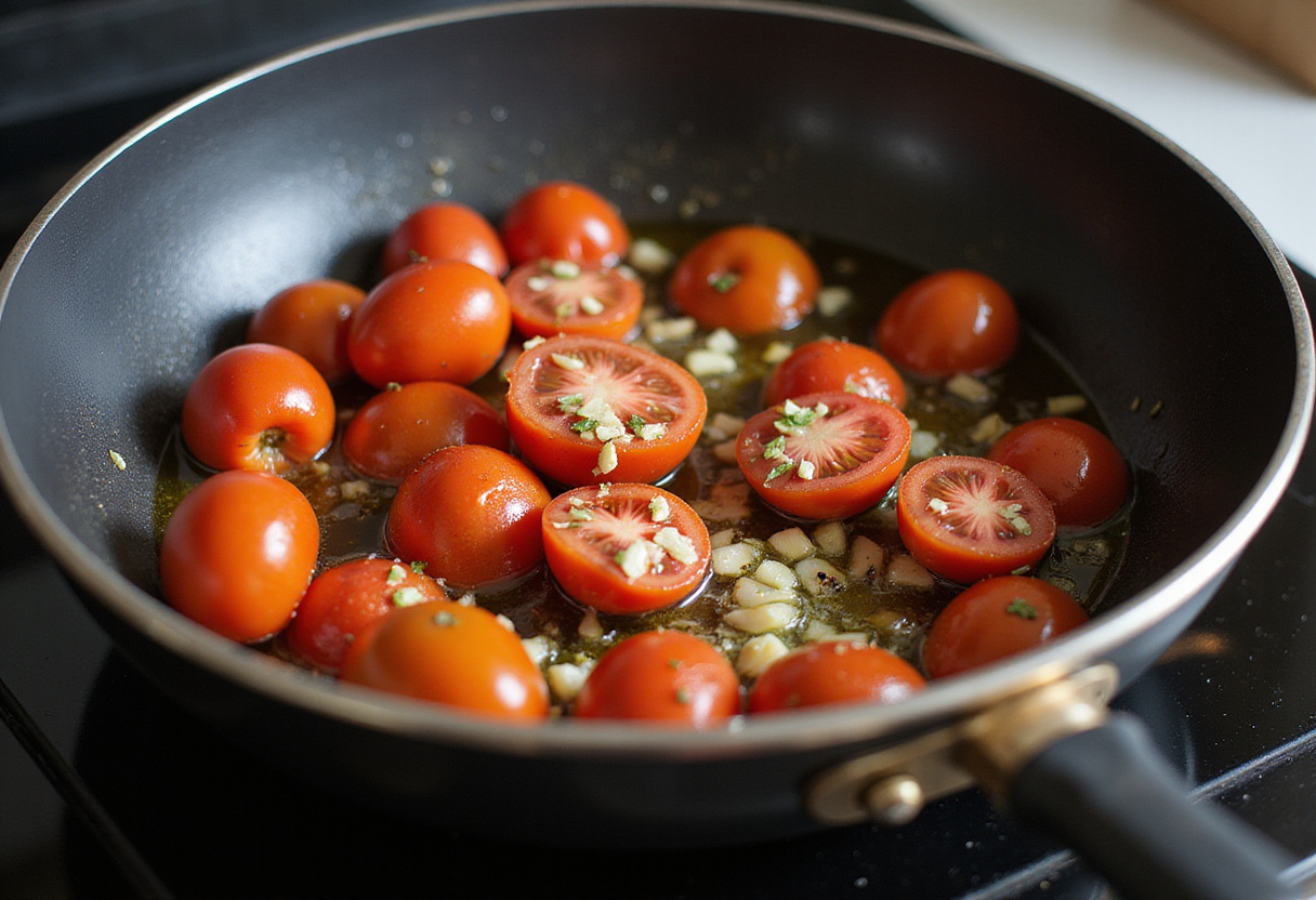 Aceite de oliva calienta en una sartén mientras se agregan ajo y tomates cherry para salmón a la toscana.