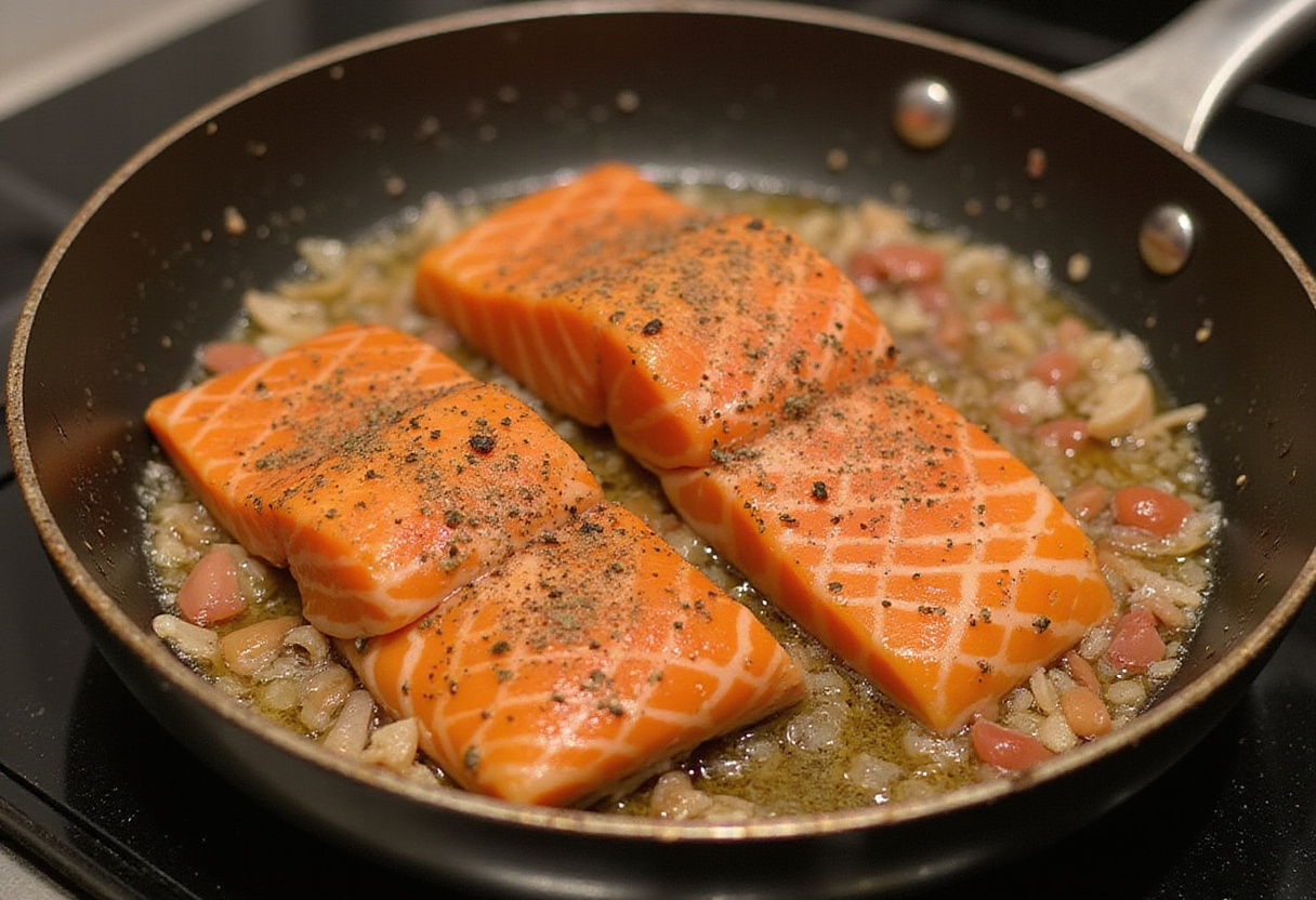 Salmón a la toscana cocinándose en la sartén, una receta rápida que resalta los sabores frescos.