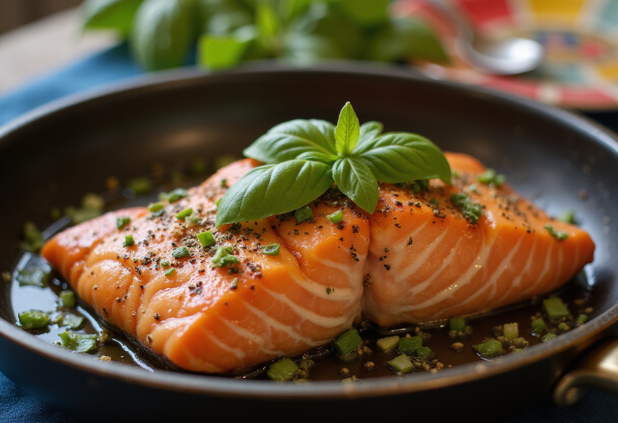 Basil fresco que se añade al salmón a la toscana, completando la receta fácil y deliciosa.