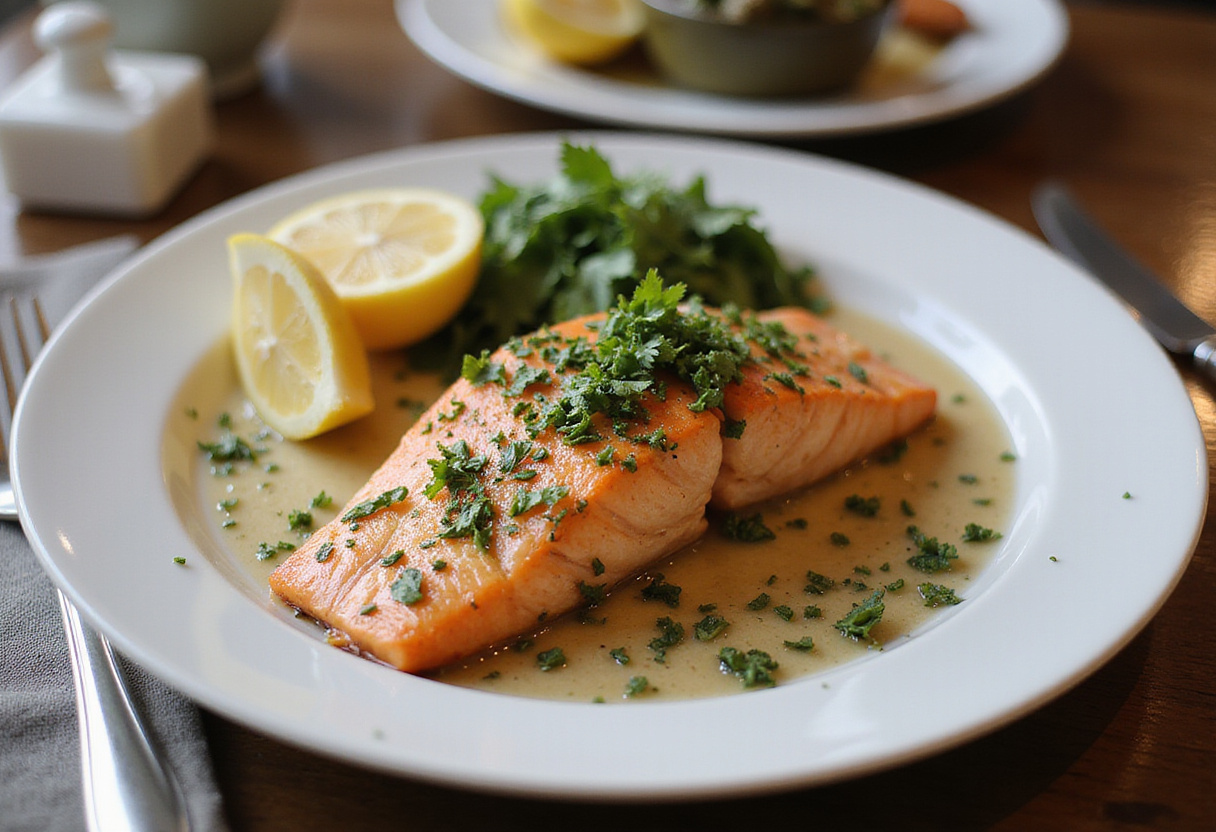Salmón al horno con hierbas y limón perfectamente presentado, ideal para una comida saludable y deliciosa.