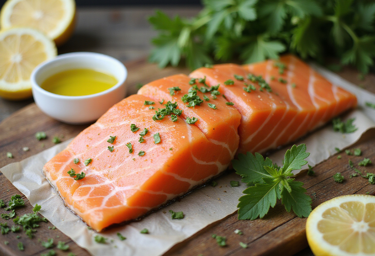 Preparación del salmón al horno con hierbas y limón, salmón fresco en una tabla de cortar con hierbas y limón.