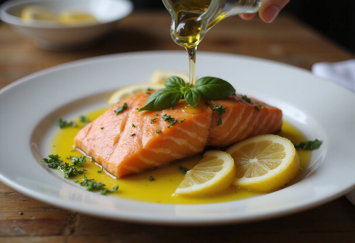 Aplicando aceite de oliva al salmón al horno con hierbas para realzar el sabor en la receta de salmón.