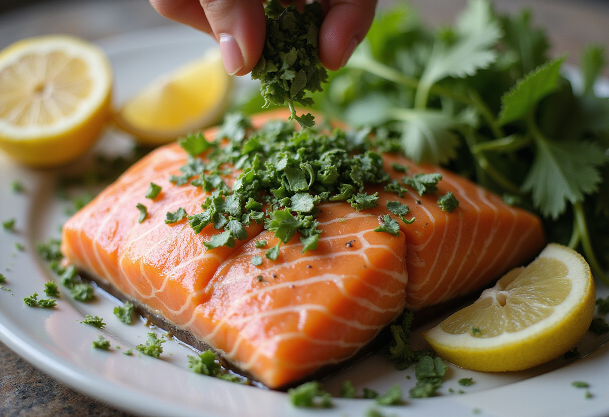 Añadiendo hierbas frescas al salmón al horno con limón para darle sabor a la receta de salmón saludable.