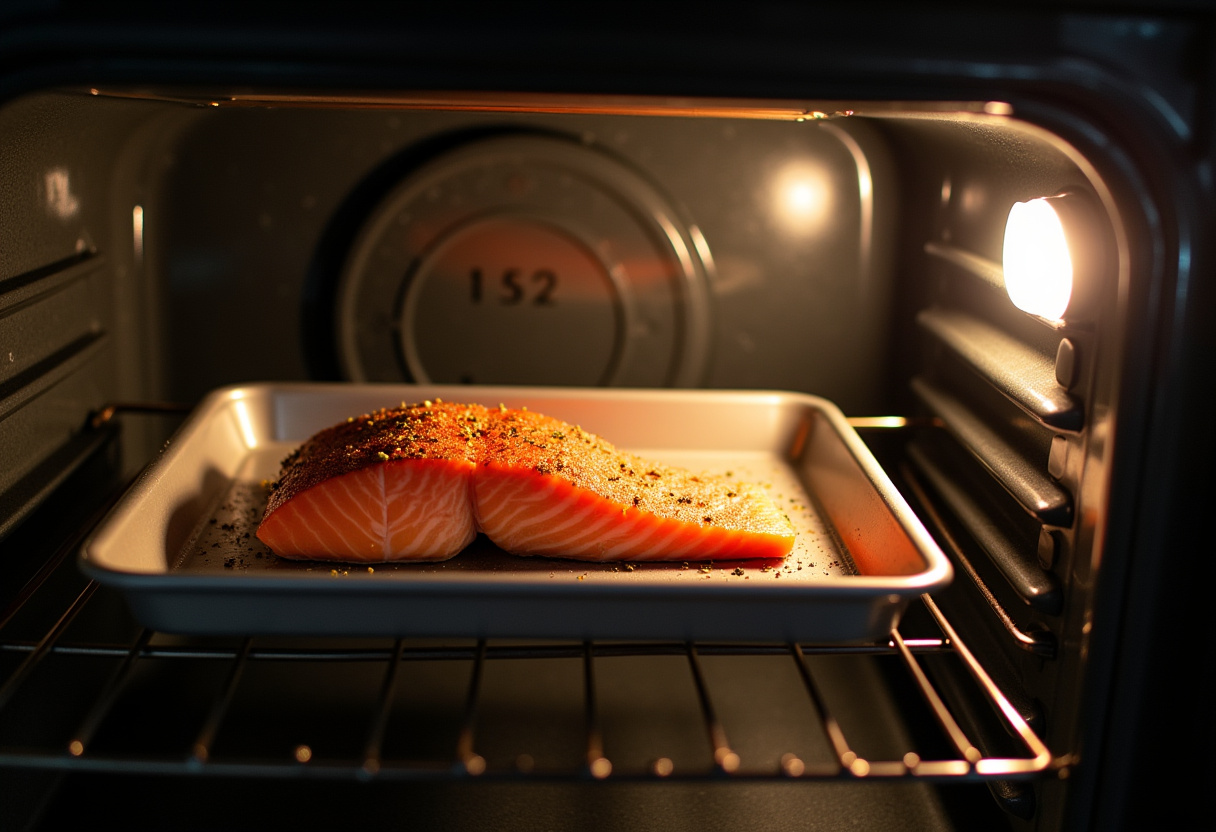 Colocación del salmón al horno en el horno precalentado para cocinar la receta de salmón fácil.