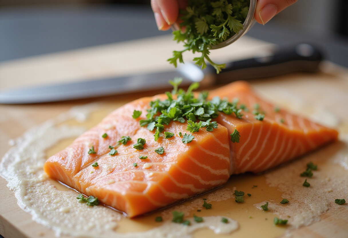 Hierbas frescas espolvoreadas sobre el salmón con mantequilla de ajo para resaltar la receta de salmón con hierbas.