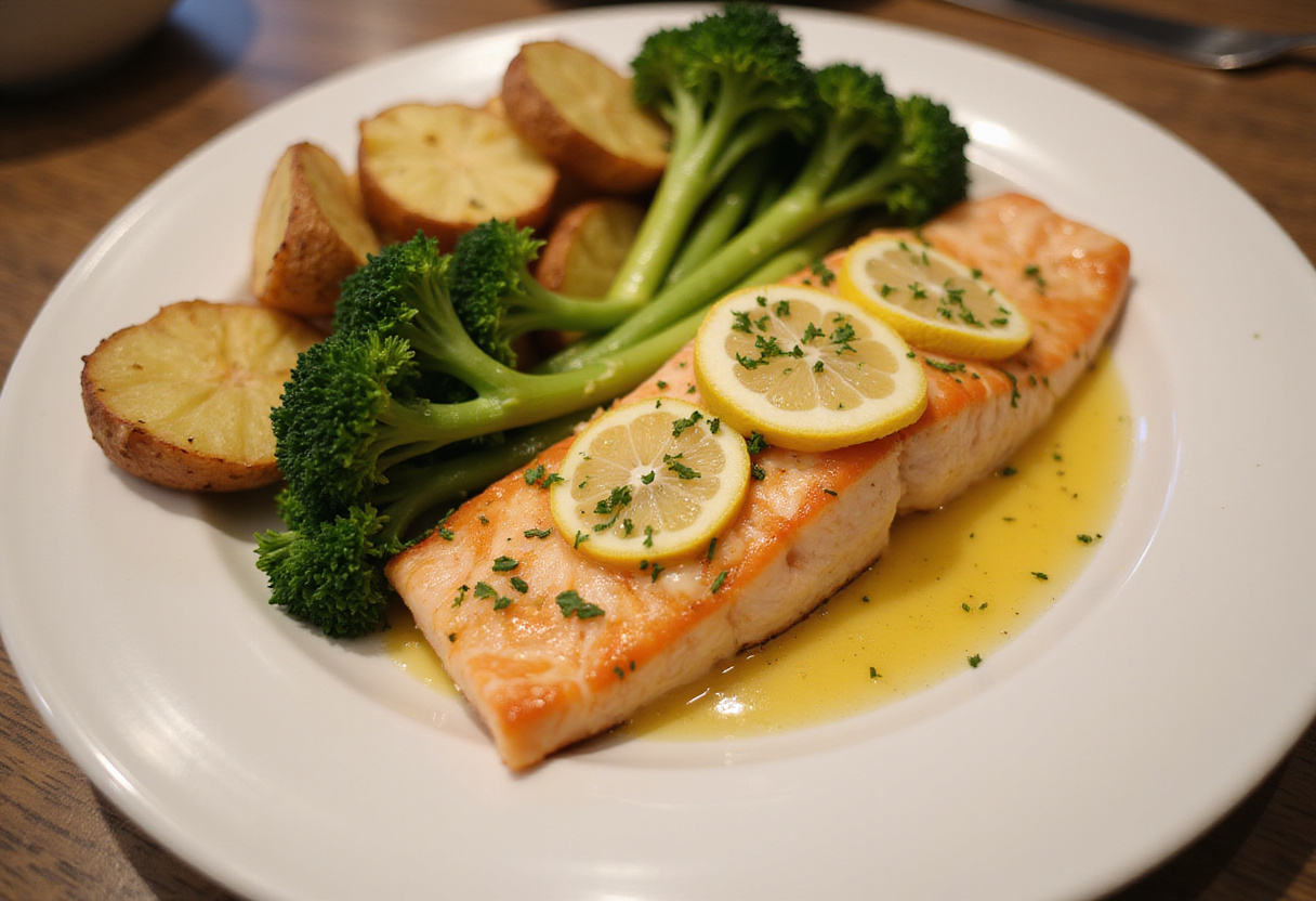 Plato de salmón con mantequilla de limón acompañado de patatas crujientes y brócoli, ideal para disfrutar.