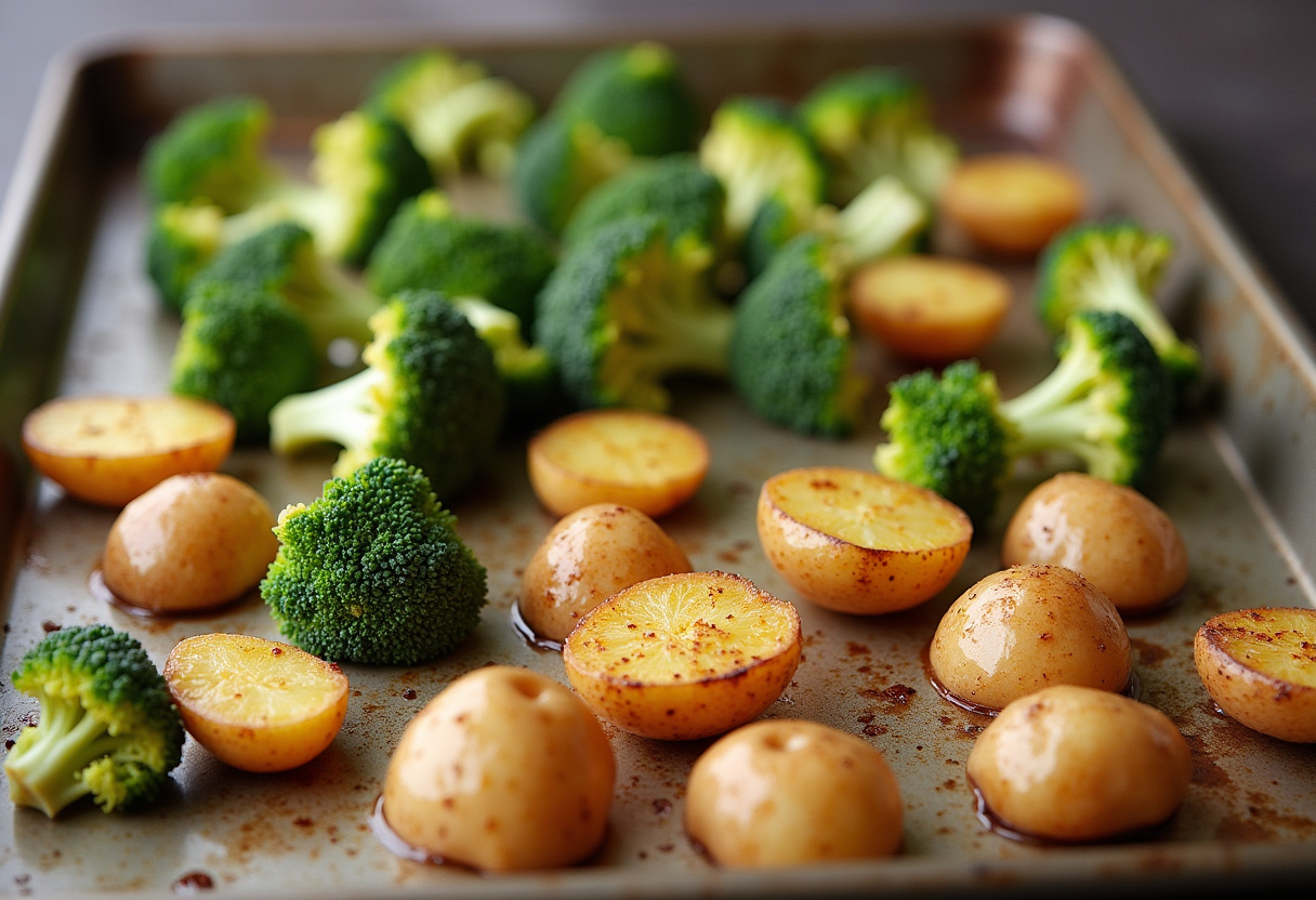Patatas crujientes y brócoli preparados en una bandeja para horno junto al salmón con mantequilla de limón.