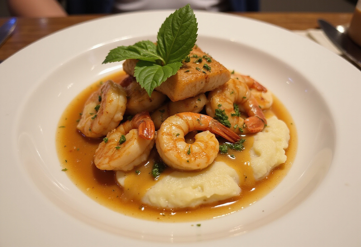 Plato de salmón y camarones cremosos a la toscana sobre puré de patatas, ideal para disfrutar.