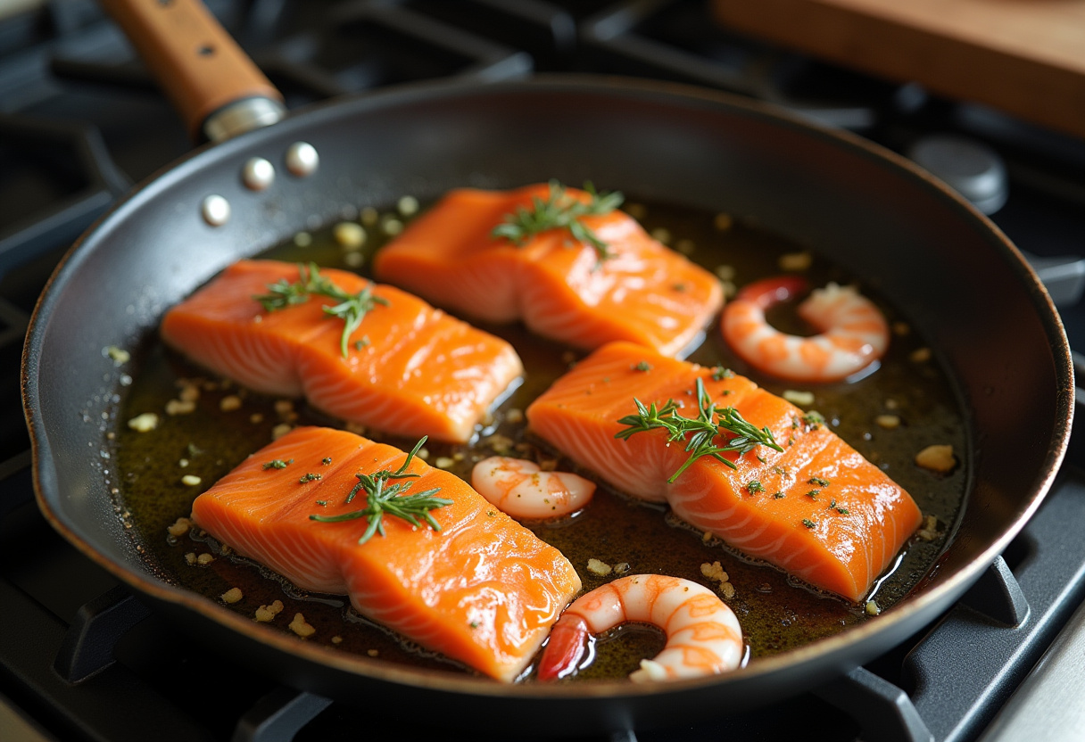 Salmón y camarones en sartén con aceite de oliva y hierbas para receta de salmón y camarones cremosos.
