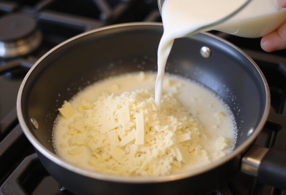 Crema espesa y queso parmesano en una cacerola para camarones a la toscana.