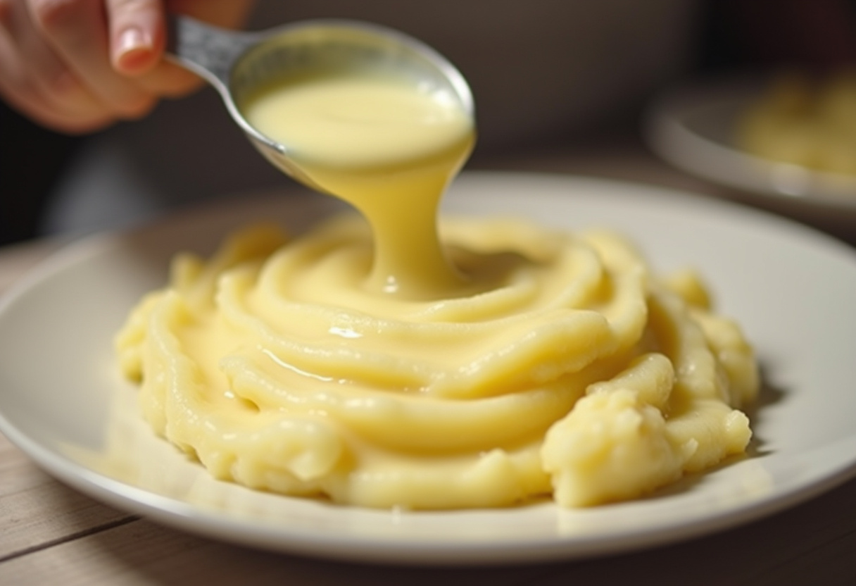 Puré de patatas listo para recibir salmón y camarones cremosos sobre él.