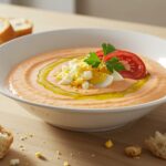 Salmorejo cordobés casero servido con aceite de oliva, una deliciosa receta de salmorejo tradicional.