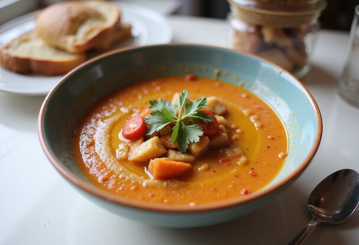 Salmorejo cordobés casero servido con aceite de oliva, una deliciosa receta de salmorejo tradicional.