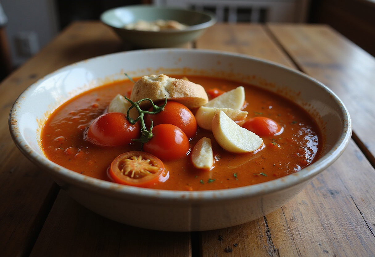 Ingredientes para salmorejo cordobés: tomates frescos, ajo y pan para receta de salmorejo casero.