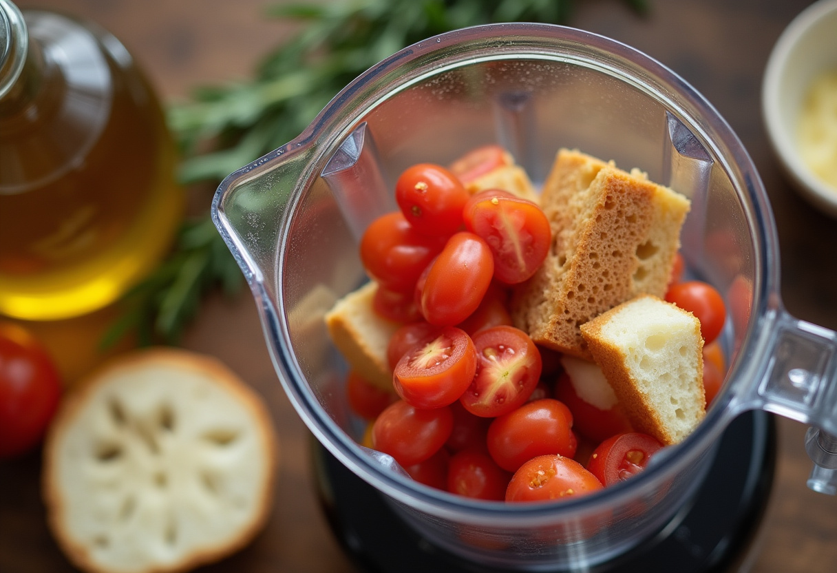 Mezcla de ingredientes en la licuadora para hacer salmorejo tradicional cordobés.
