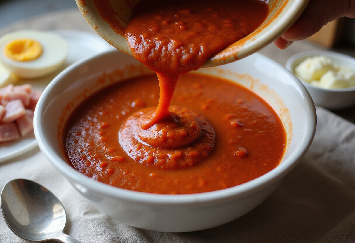 Salmorejo cordobés siendo servido en un tazón, listo para decorar con huevo duro y jamón.
