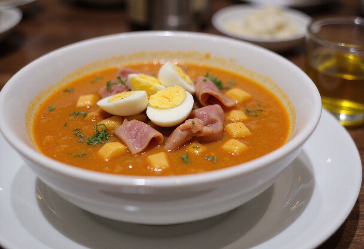 Salmorejo cordobés decorado con huevo y jamón, listo para disfrutar en una comida tradicional.