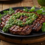 Delicious grilled meat served with flavorful salsa chimichurri, perfect for a barbecue.