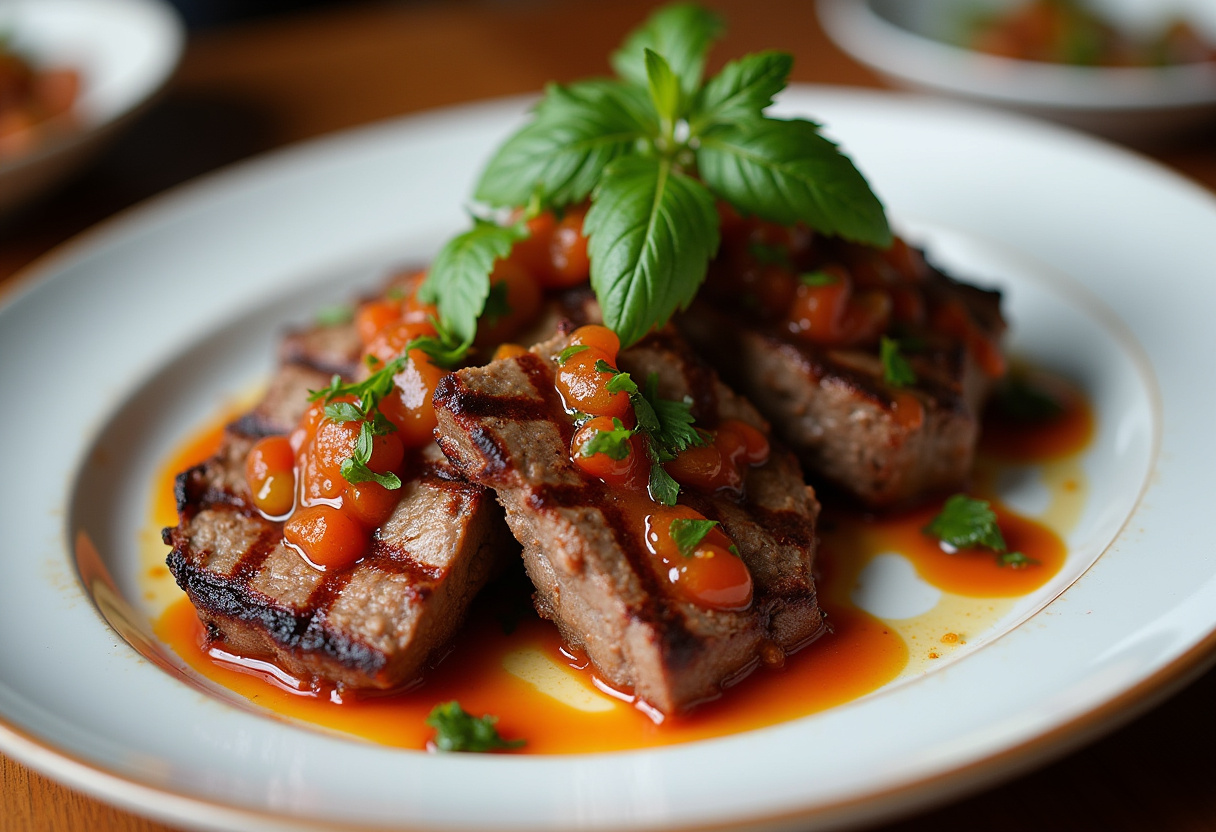Deliciosa carne a la parrilla servida con sabrosa salsa chimichurri, perfecta para una barbacoa.
