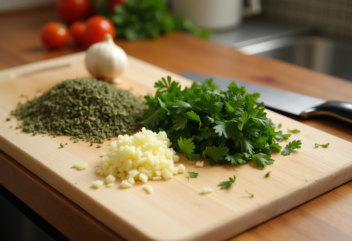 Ingredientes recién picados para salsa chimichurri sobre una tabla de cortar.
