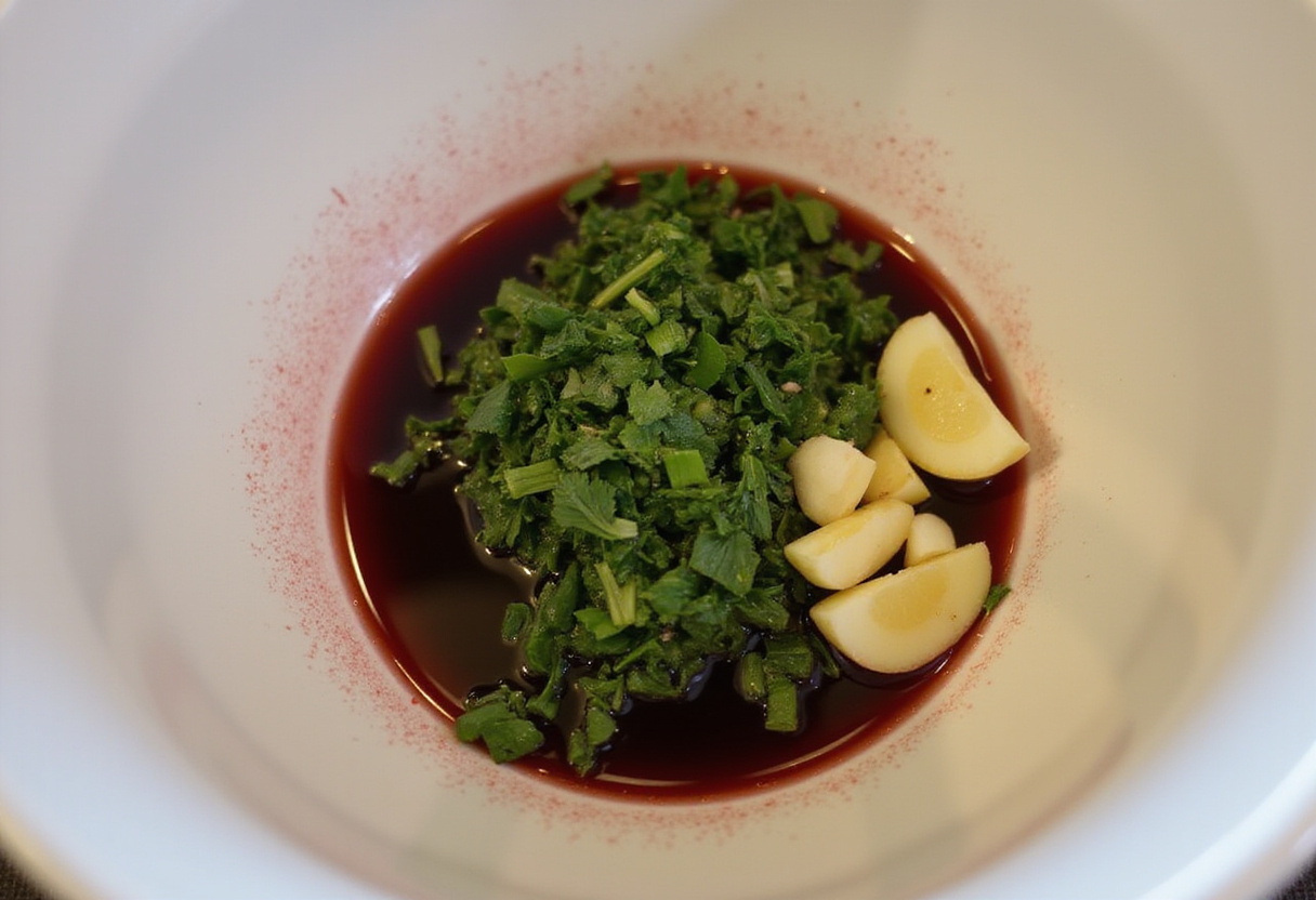Vinagre de vino tinto y aceite de oliva para hacer aderezo de salsa chimichurri.