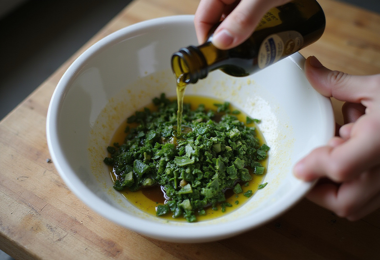 Mezclando hierbas picadas con vinagre y aceite de oliva para preparar salsa chimichurri.