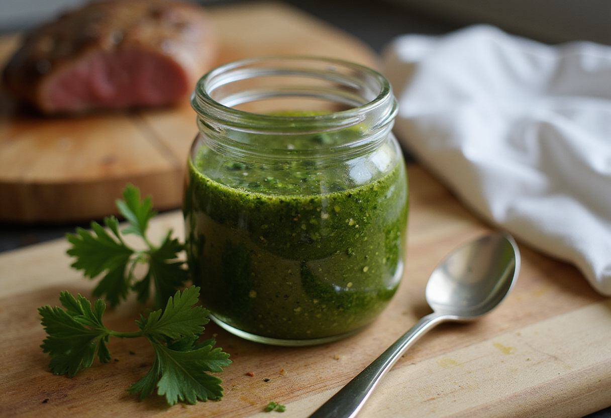 Salsa chimichurri recién hecha en un frasco, lista para ser servida.