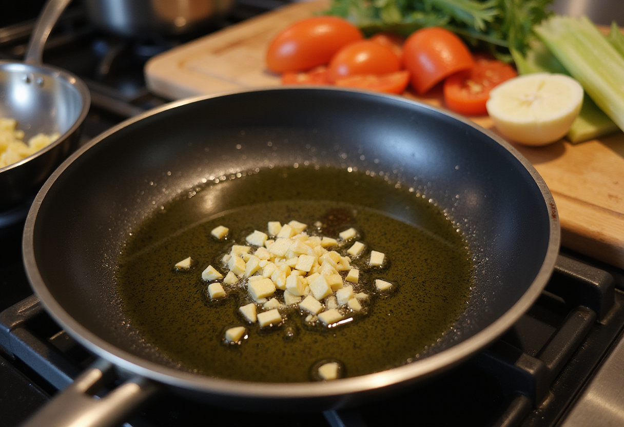 Ajo picado siendo agregado al aceite caliente para el salteado de espárragos y champiñones.