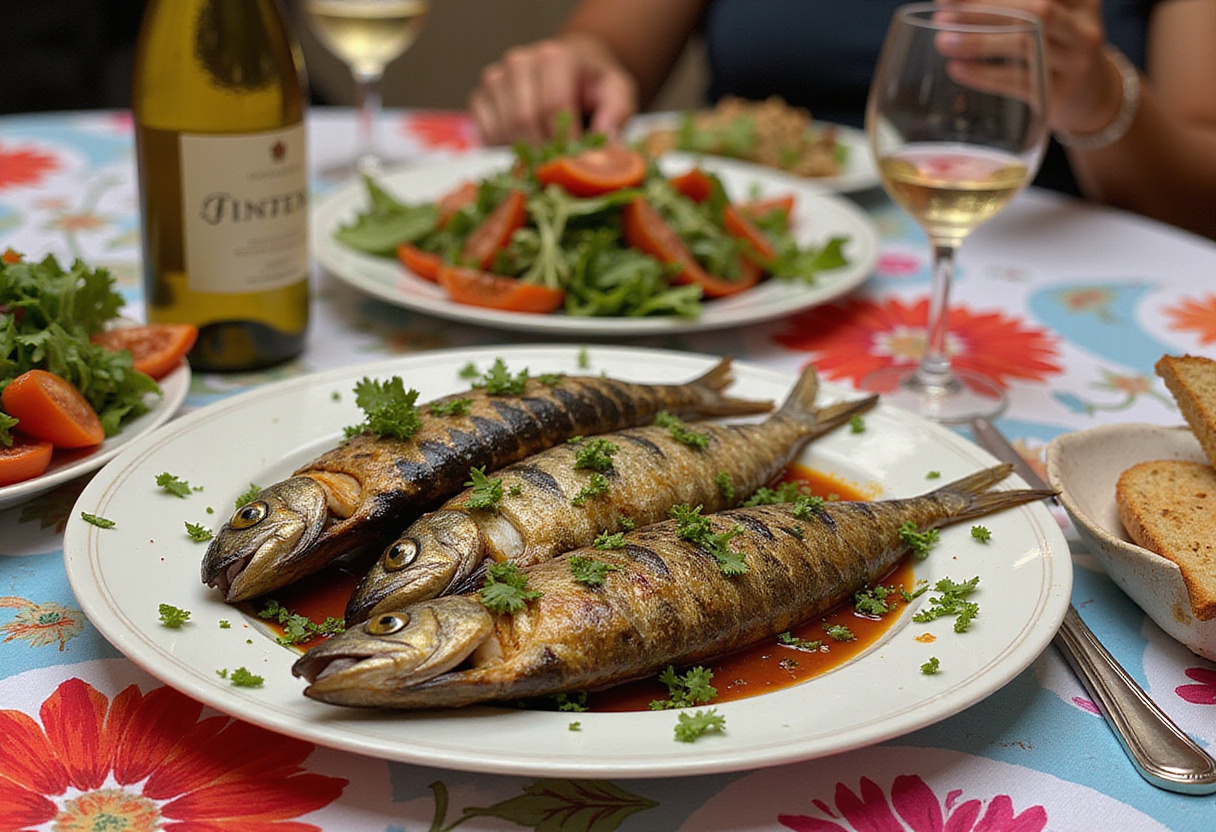 Plato de sardinas a la brasa perfectamente servido, ideal para una comida al aire libre.