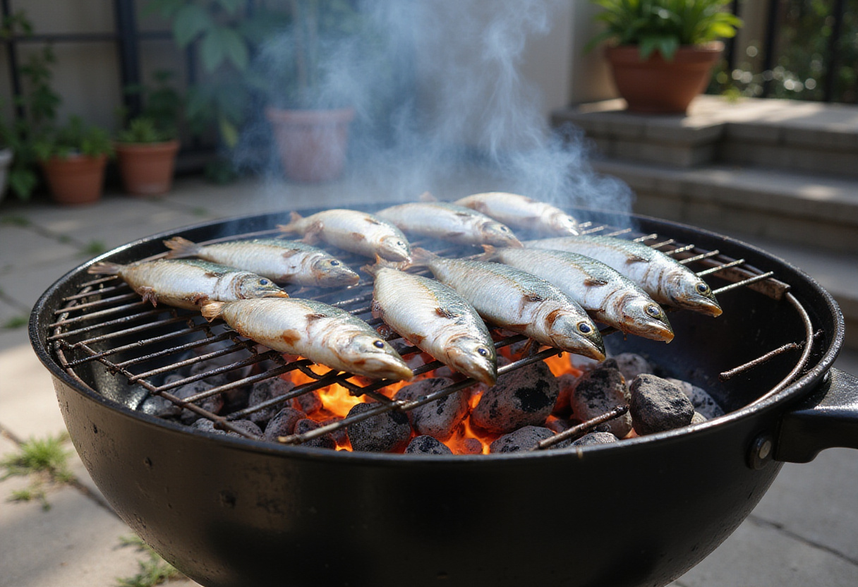 Sardinas a la brasa en la parrilla lista para cocinar al aire libre.