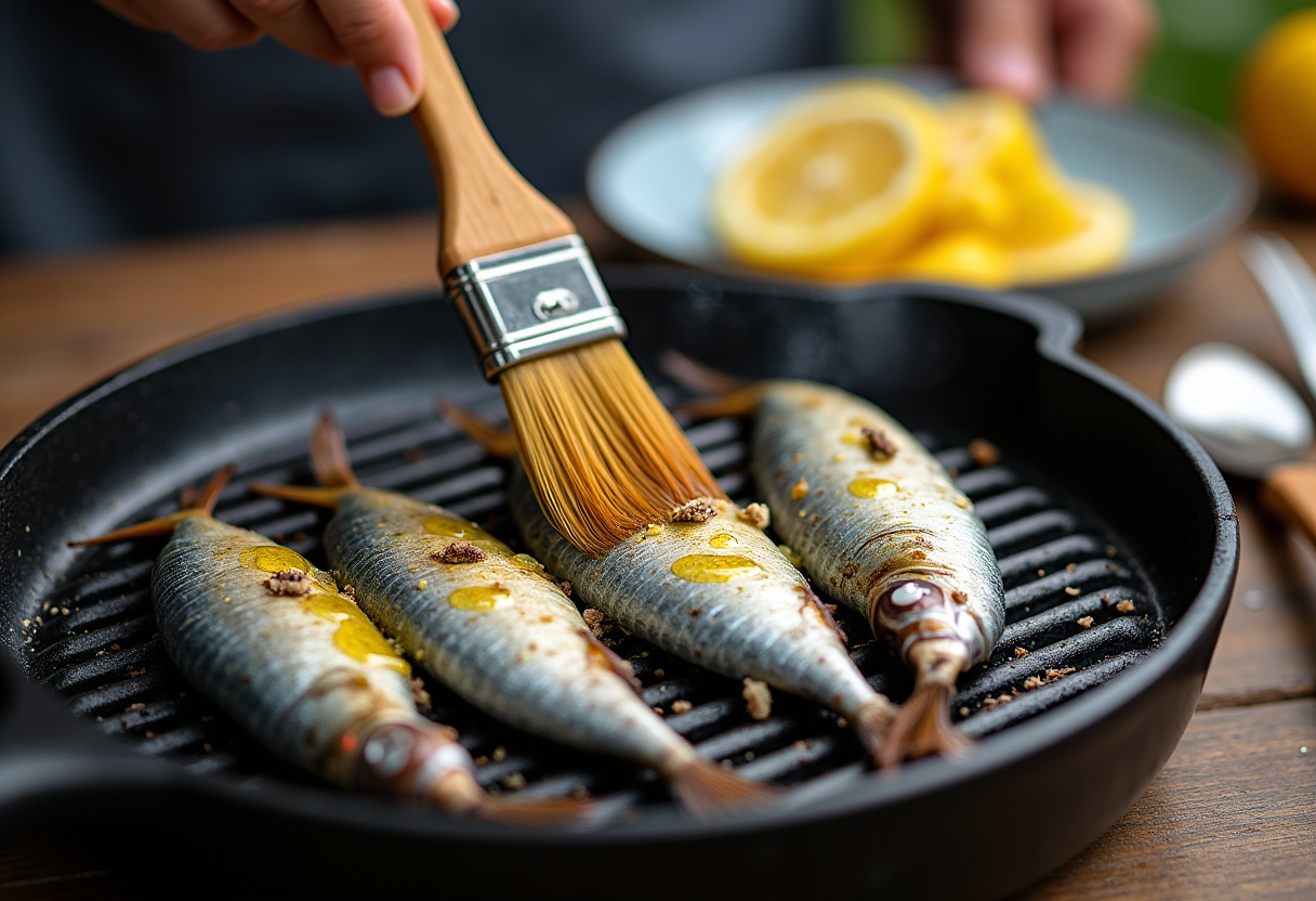 Aplicando aceite de oliva a las sardinas a la brasa antes de asar.