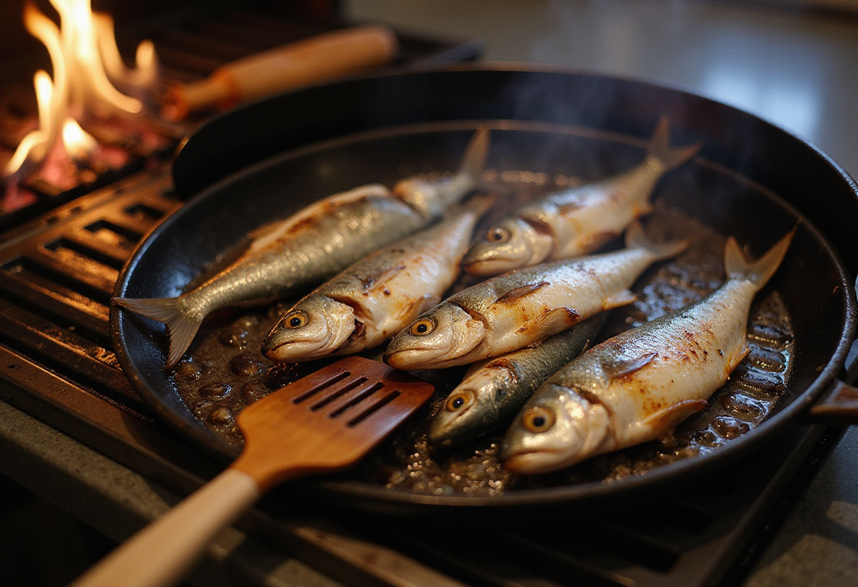 Temperatura alta en la parrilla con sardinas a la brasa cocinándose a la perfección.