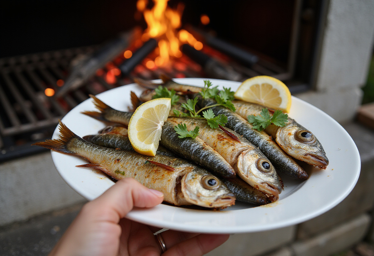 Sardinas a la brasa recién asadas servidas con limón y hierbas frescas.
