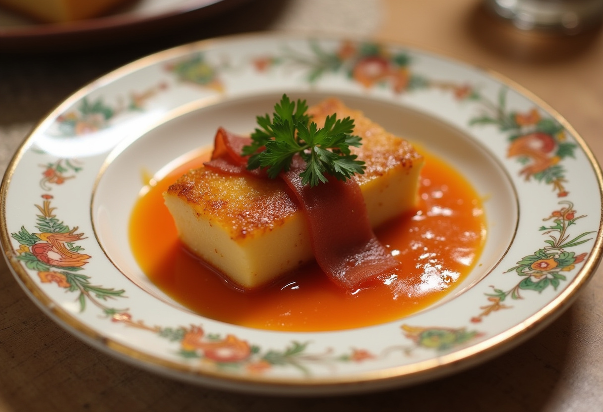 Sartenada de calabacín con jamón servida en un plato elegante, ideal para una cena.