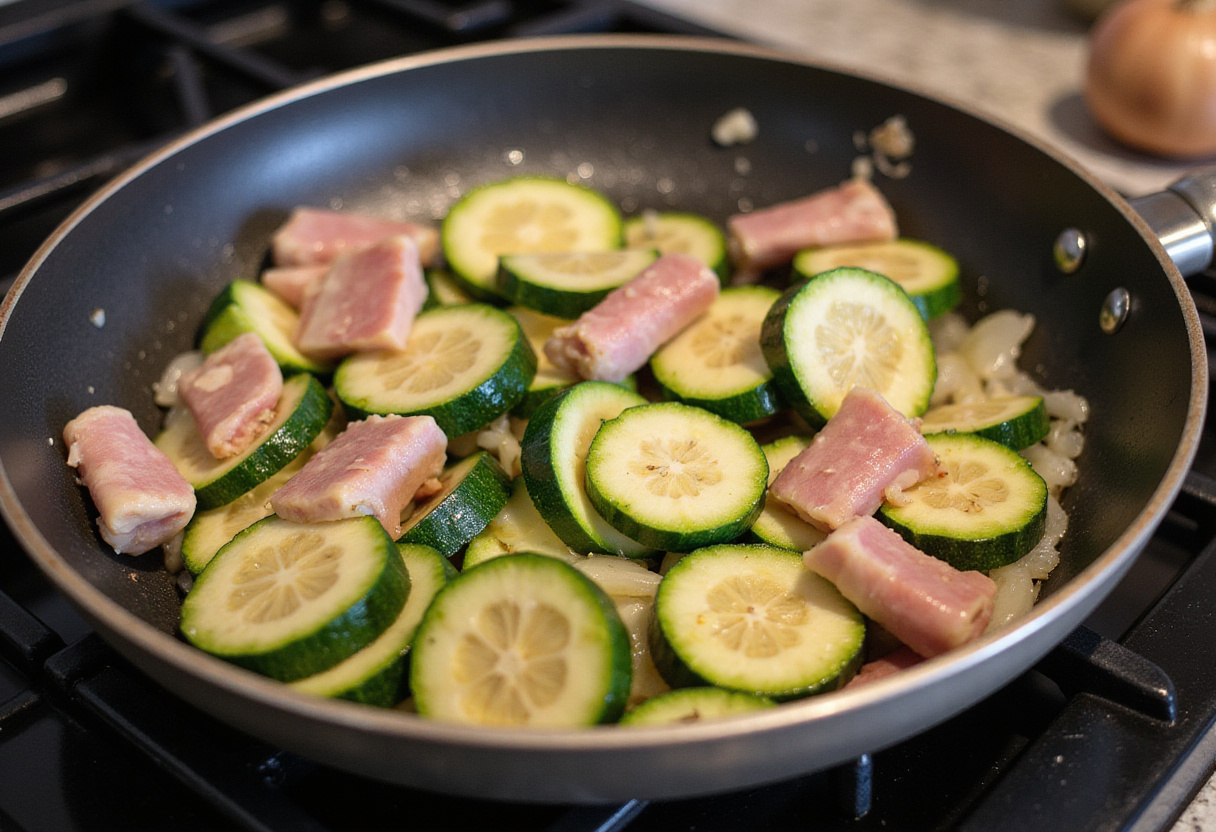 Sartenada de calabacín con jamón en una sartén caliente con ingredientes frescos como cebolla y ajo.