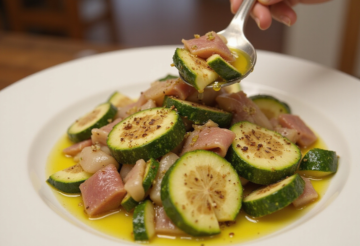 Emplatando la sartenada de calabacín con jamón con un toque de aceite de oliva para mejorar el sabor.