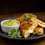 Gourmet presentation of sincronizadas con dip de aguacate, ready for enjoying.