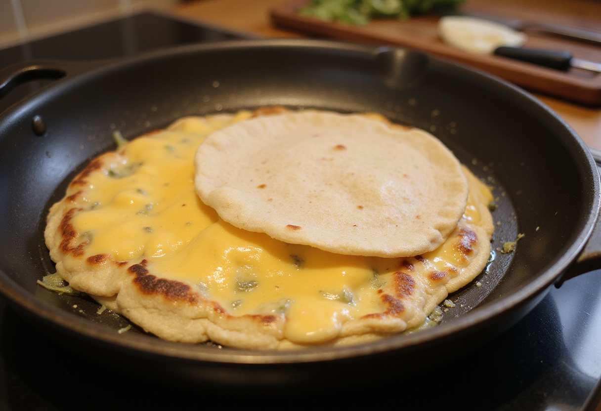 Queso derretido en una tortilla para la receta de sincronizadas con dip de aguacate.