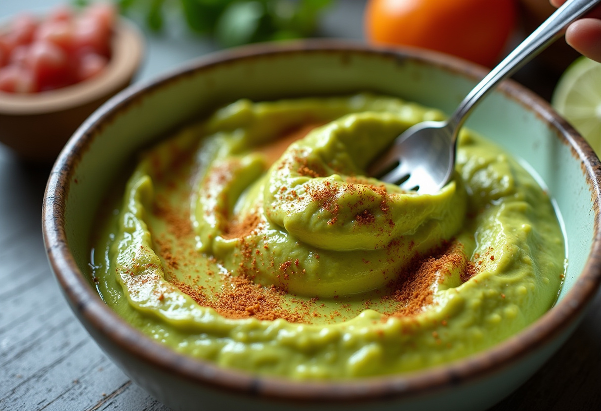Dip de aguacate preparándose con ingredientes frescos para sincronizadas con dip de aguacate.