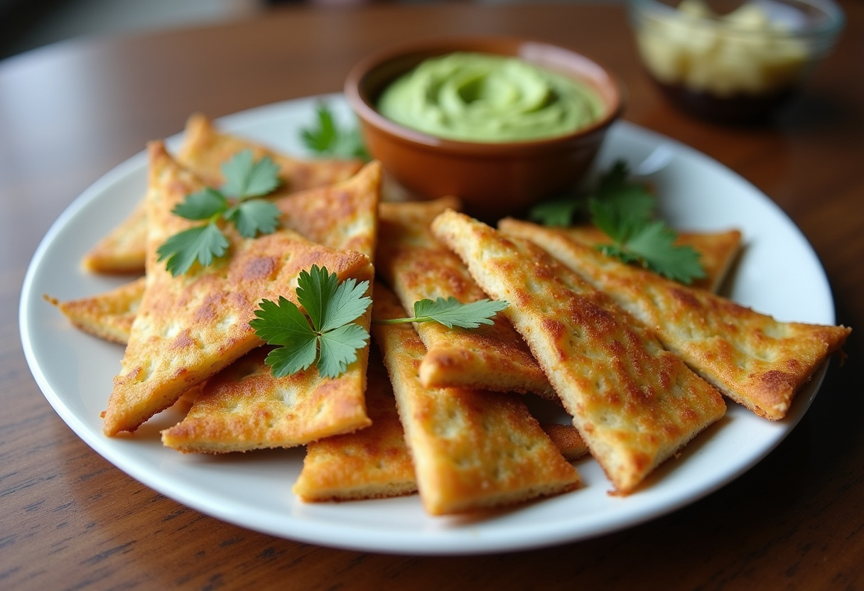 Sincronizadas recién hechas servidas con dip de aguacate al lado.