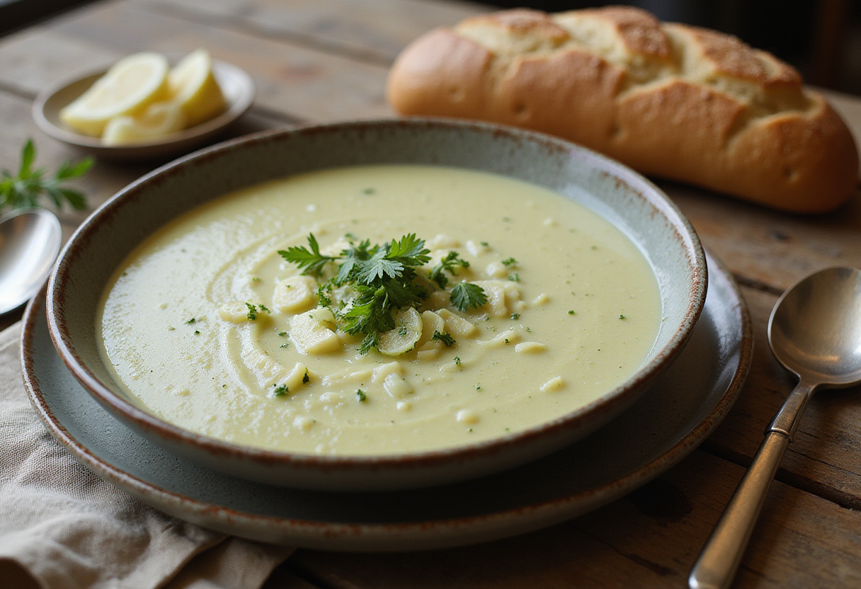 Sopa de calabacín y puerro servida con pan, perfecta para una comida saludable.